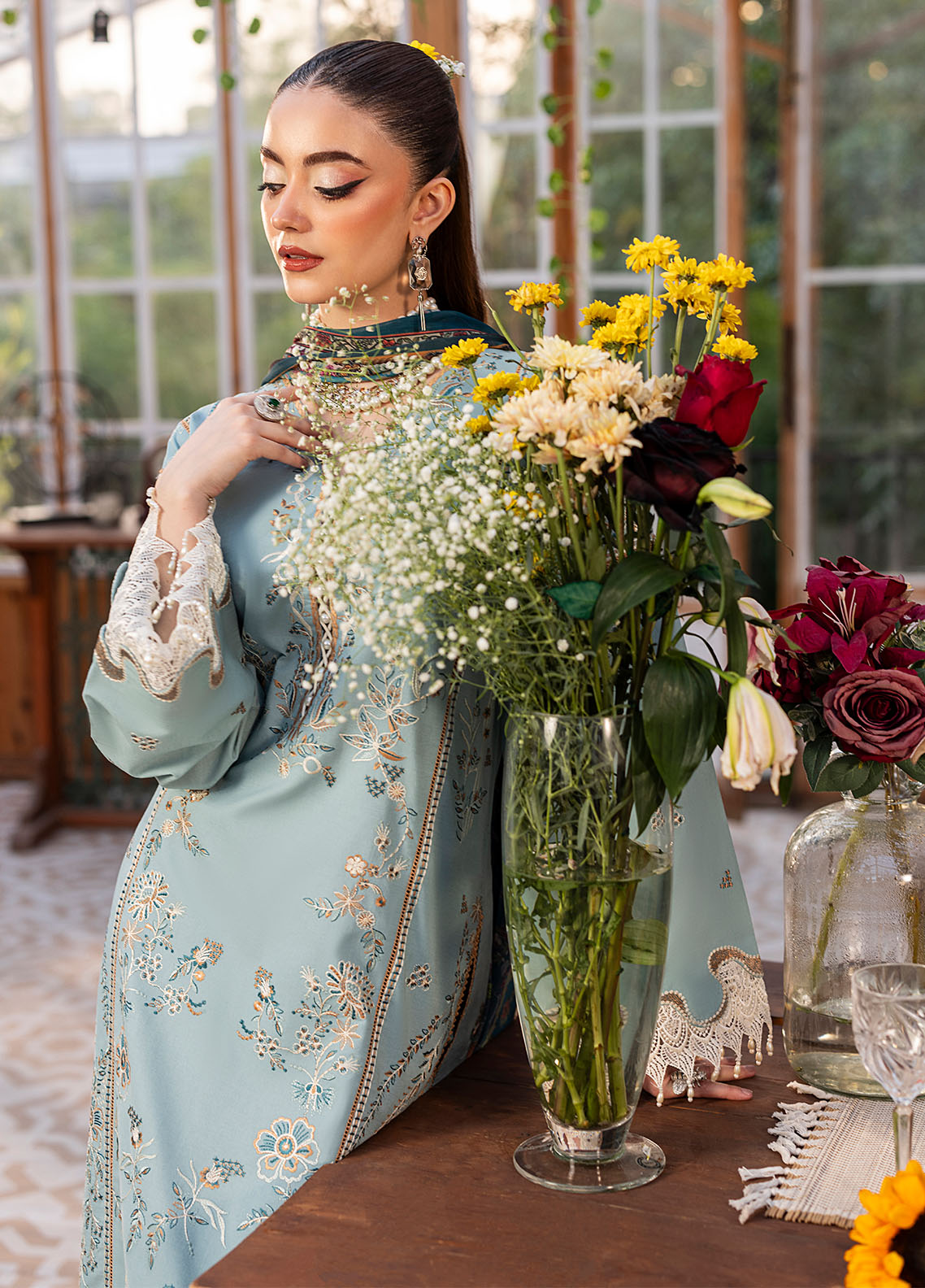 SAPPHIRE-3PC LAWN EMBROIDERED SHIRT WITH CHIFFON PRINTED DUPATTA AND TROUSER