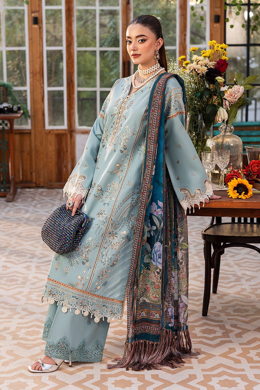 SAPPHIRE-3PC LAWN EMBROIDERED SHIRT WITH CHIFFON PRINTED DUPATTA AND TROUSER
