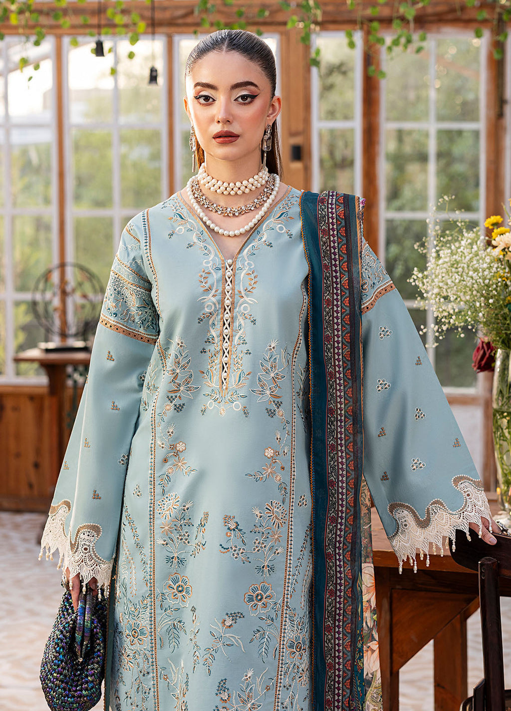 SAPPHIRE-3PC LAWN EMBROIDERED SHIRT WITH CHIFFON PRINTED DUPATTA AND TROUSER