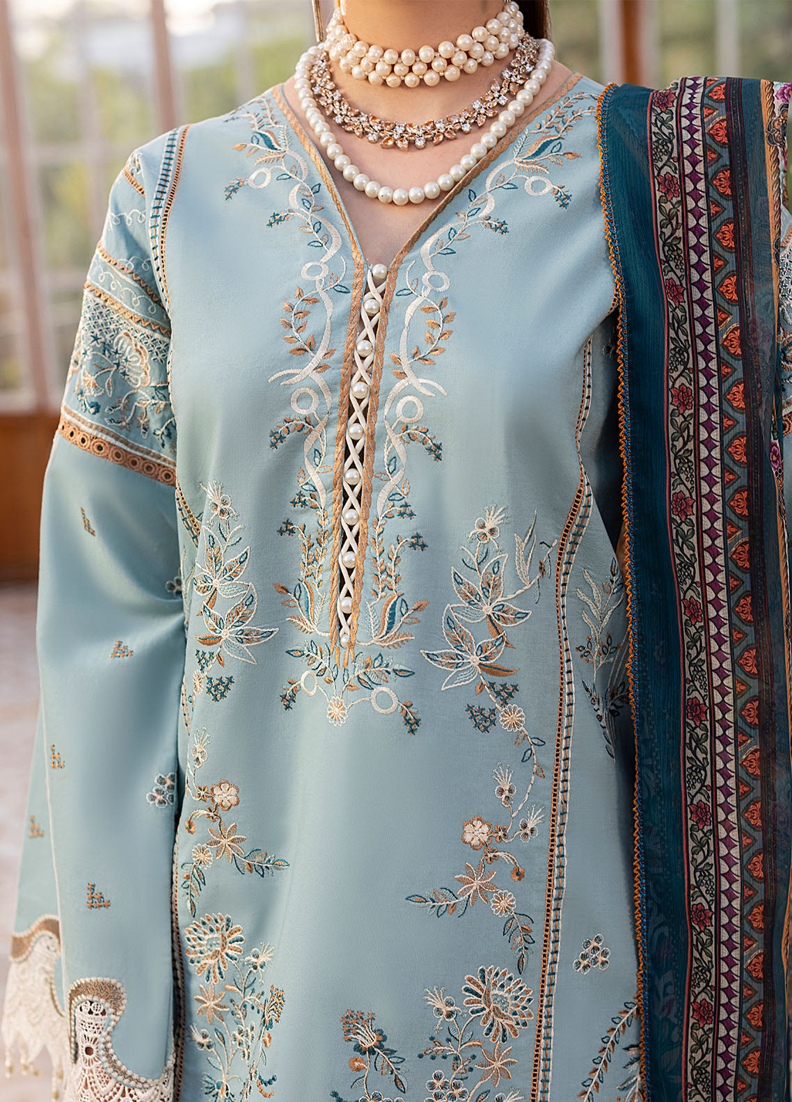 SAPPHIRE-3PC LAWN EMBROIDERED SHIRT WITH CHIFFON PRINTED DUPATTA AND TROUSER