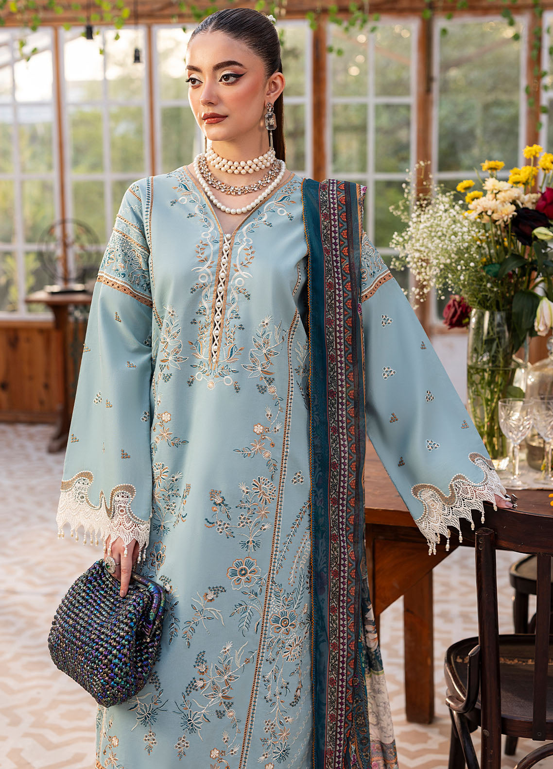 SAPPHIRE-3PC LAWN EMBROIDERED SHIRT WITH CHIFFON PRINTED DUPATTA AND TROUSER