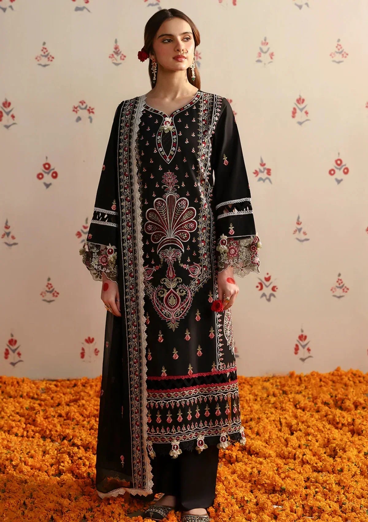 MAHNUR-3PC LAWN HEAVY EMBROIDERED SHIRT WITH CHIFFON EMB DUPATTA AND TROUSER