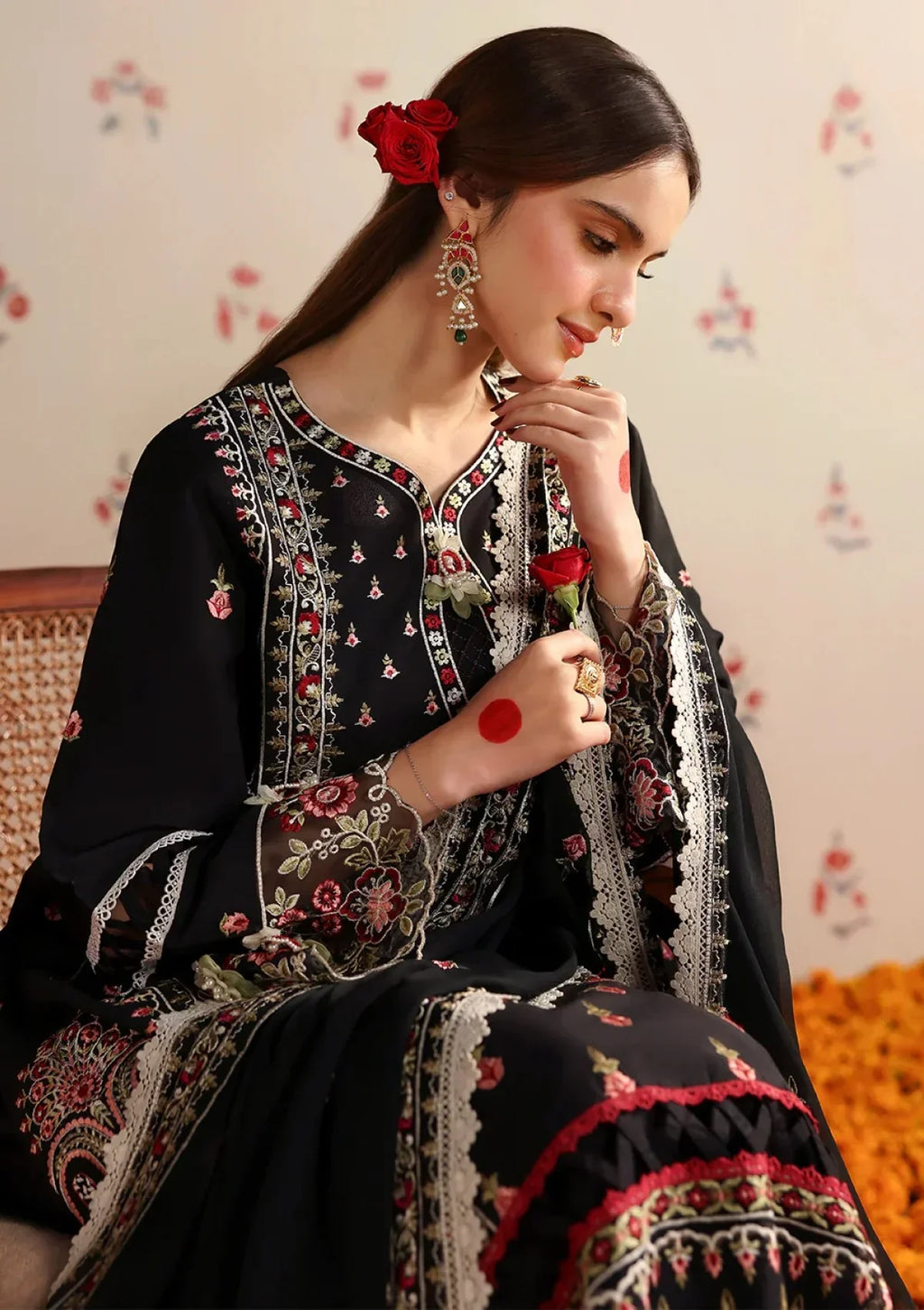 MAHNUR-3PC LAWN HEAVY EMBROIDERED SHIRT WITH CHIFFON EMB DUPATTA AND TROUSER