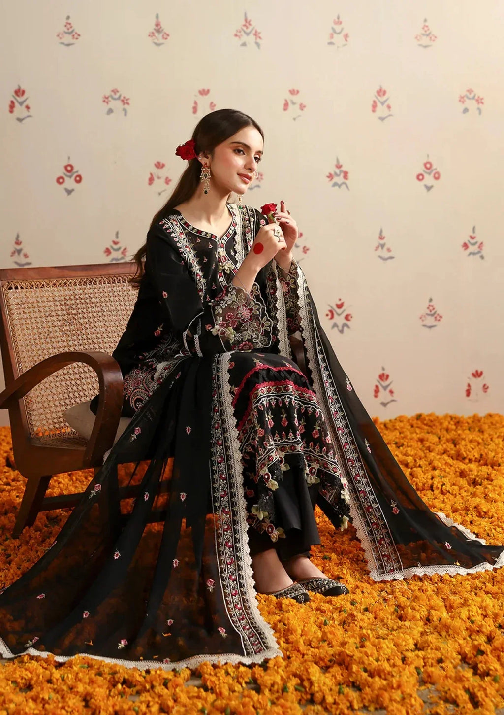 MAHNUR-3PC LAWN HEAVY EMBROIDERED SHIRT WITH CHIFFON EMB DUPATTA AND TROUSER