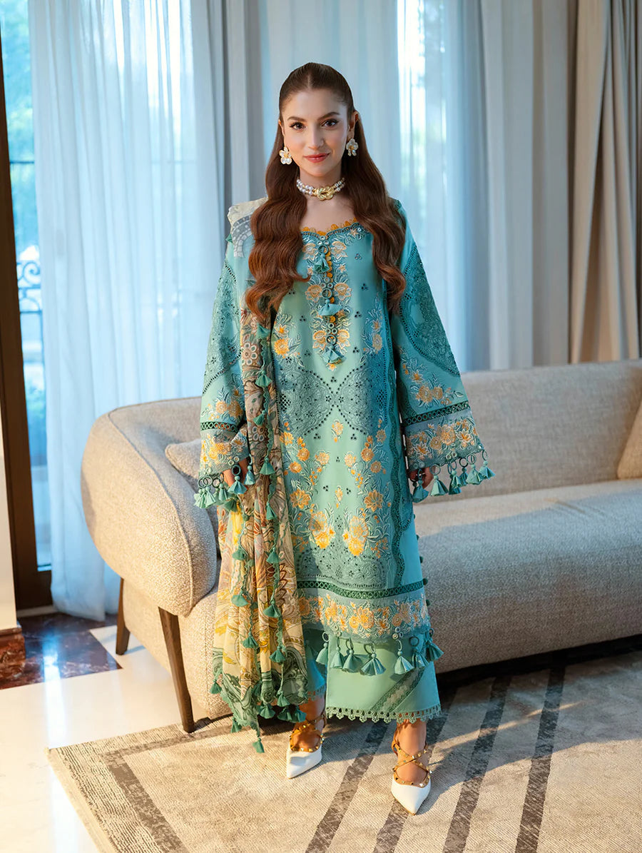 JADE-3PC LAWN CHIKANKAARI EMBROIDERED SHIRT WITH CHIFFON PRINTED DUPATTA AND TROUSER