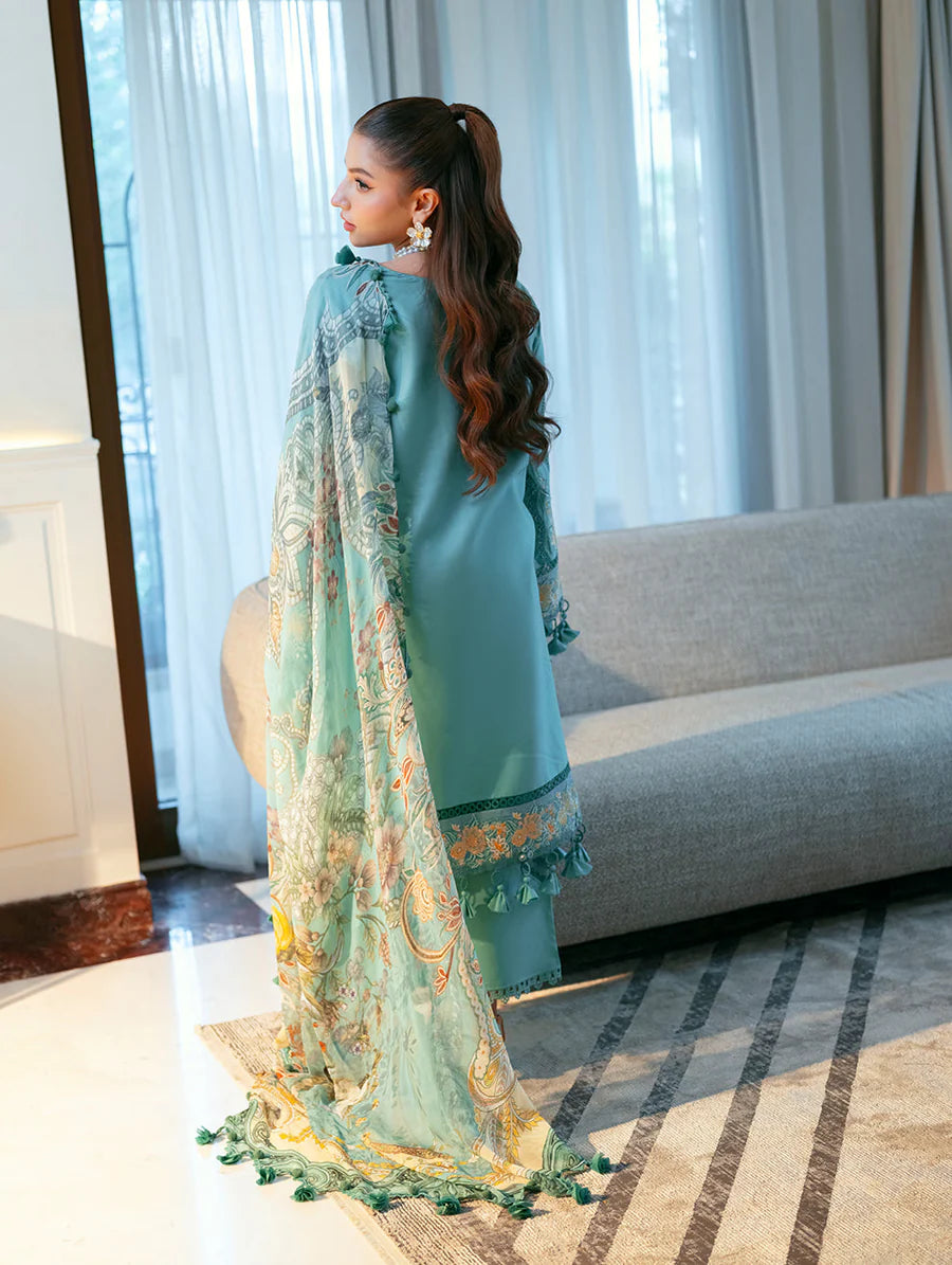 JADE-3PC LAWN CHIKANKAARI EMBROIDERED SHIRT WITH CHIFFON PRINTED DUPATTA AND TROUSER