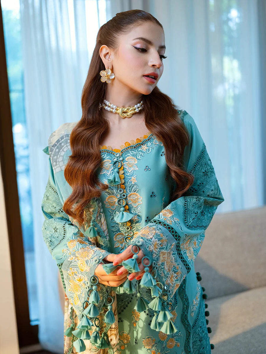 JADE-3PC LAWN CHIKANKAARI EMBROIDERED SHIRT WITH CHIFFON PRINTED DUPATTA AND TROUSER