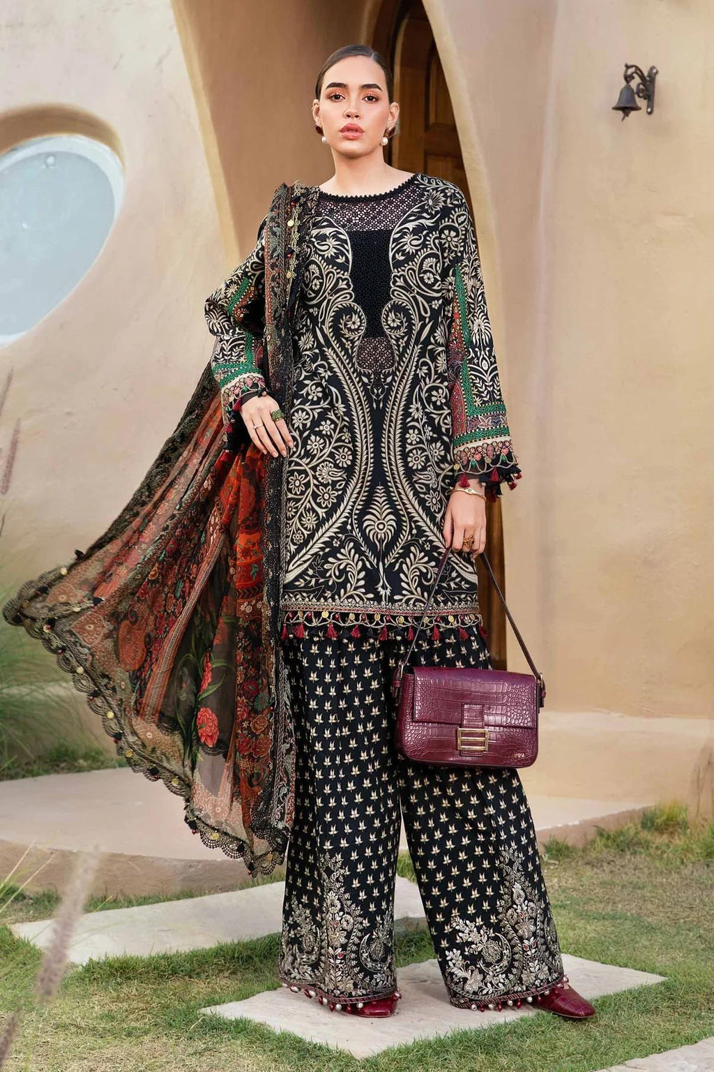 MARIA.B-3PC LAWN EMBROIDERED PRINTED SHIRT WITH CHIFFON PRINT DUPATTA AND PRINT TROUSER