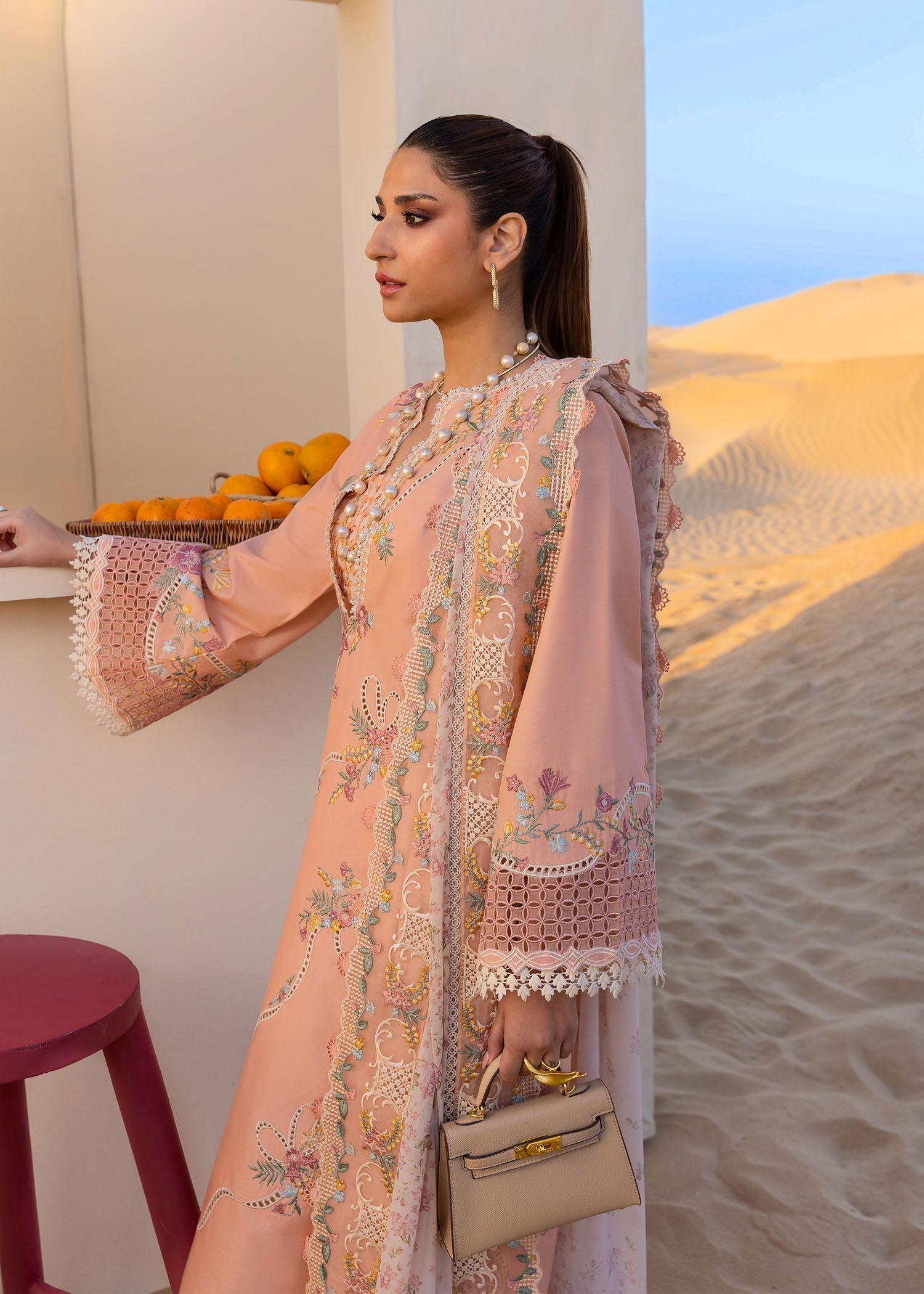 CRIMSON-3PC LAWN CHIKAANKARI EMBROIDERED SHIRT WITH CHIFOON PRINTED EMB DUPATTA AND EMB TROUSER