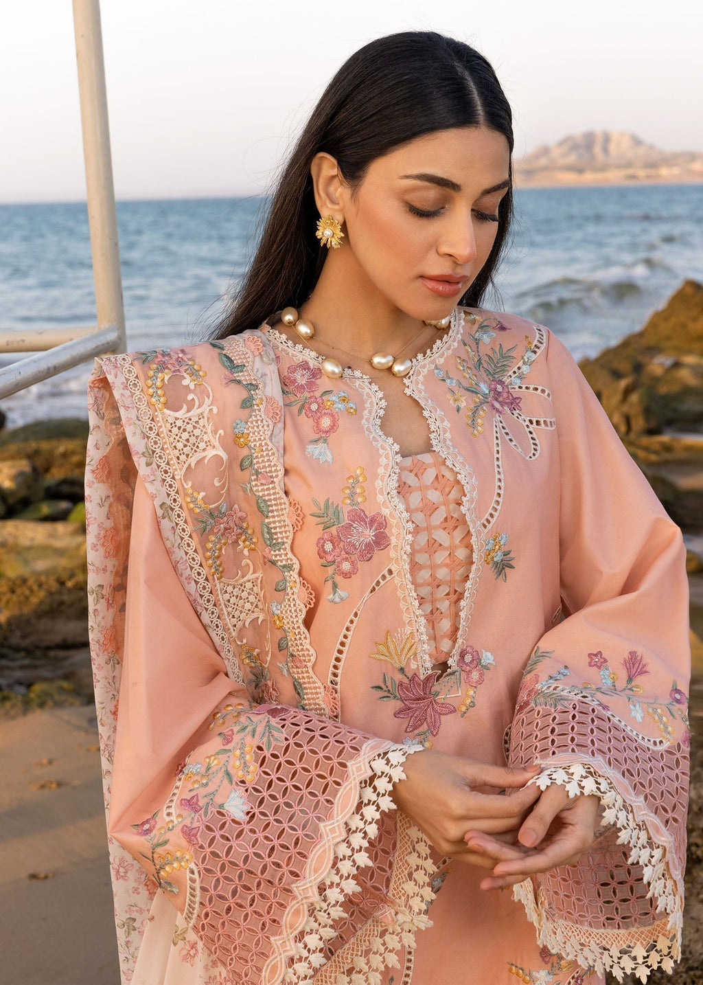 CRIMSON-3PC LAWN CHIKAANKARI EMBROIDERED SHIRT WITH CHIFOON PRINTED EMB DUPATTA AND EMB TROUSER