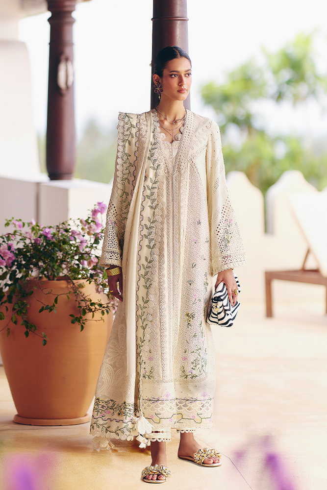 SUFFUSE-3PC LAWN CHIKAANKARI EMBROIDERED SHIRT WITH KHADDI NET EMBROIDERED DUPATTA AND TROUSER