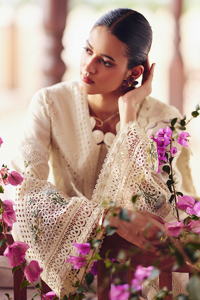 SUFFUSE-3PC LAWN CHIKAANKARI EMBROIDERED SHIRT WITH KHADDI NET EMBROIDERED DUPATTA AND TROUSER