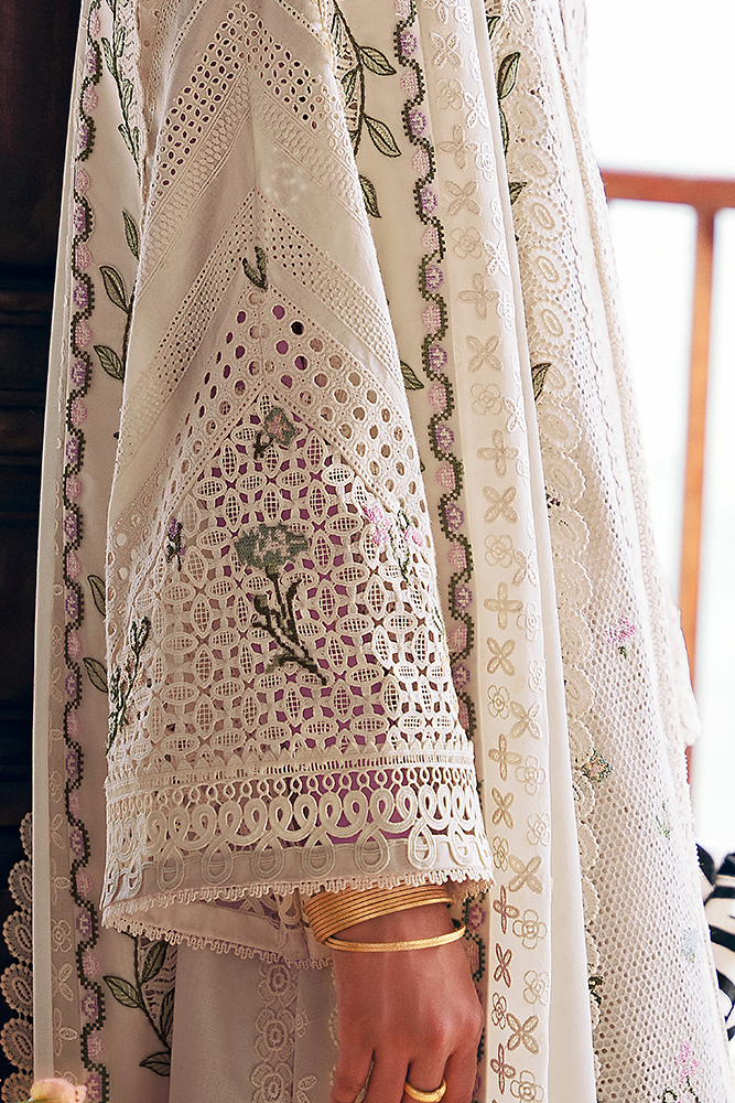 SUFFUSE-3PC LAWN CHIKAANKARI EMBROIDERED SHIRT WITH KHADDI NET EMBROIDERED DUPATTA AND TROUSER