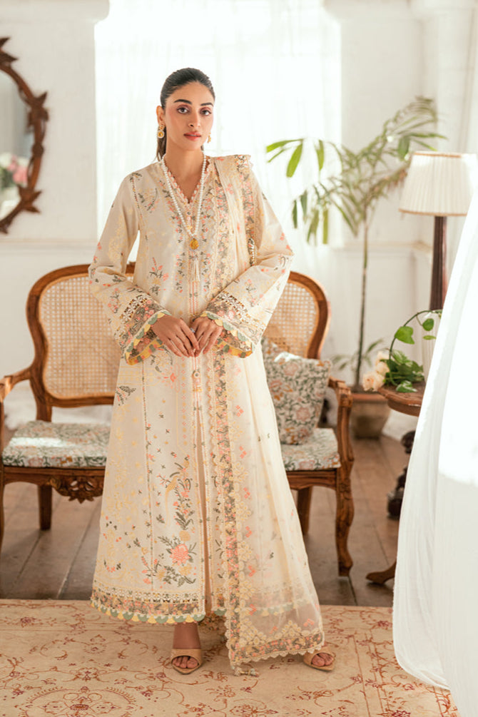QALAMQAR - 3PC LAWN EMBROIDERED SHIRT WITH KHAADI NET EMBROIDERED DUPATTA AND TROUSER
