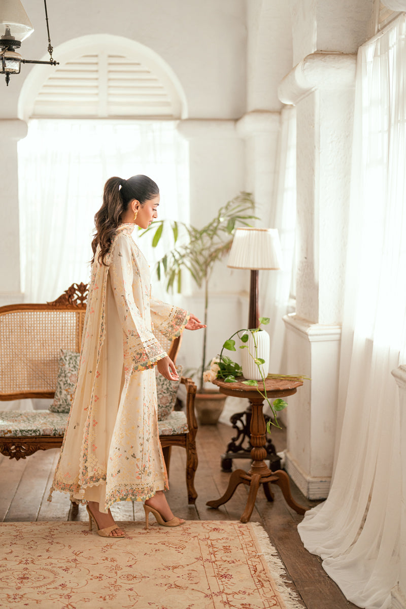 QALAMQAR - 3PC LAWN EMBROIDERED SHIRT WITH KHAADI NET EMBROIDERED DUPATTA AND TROUSER