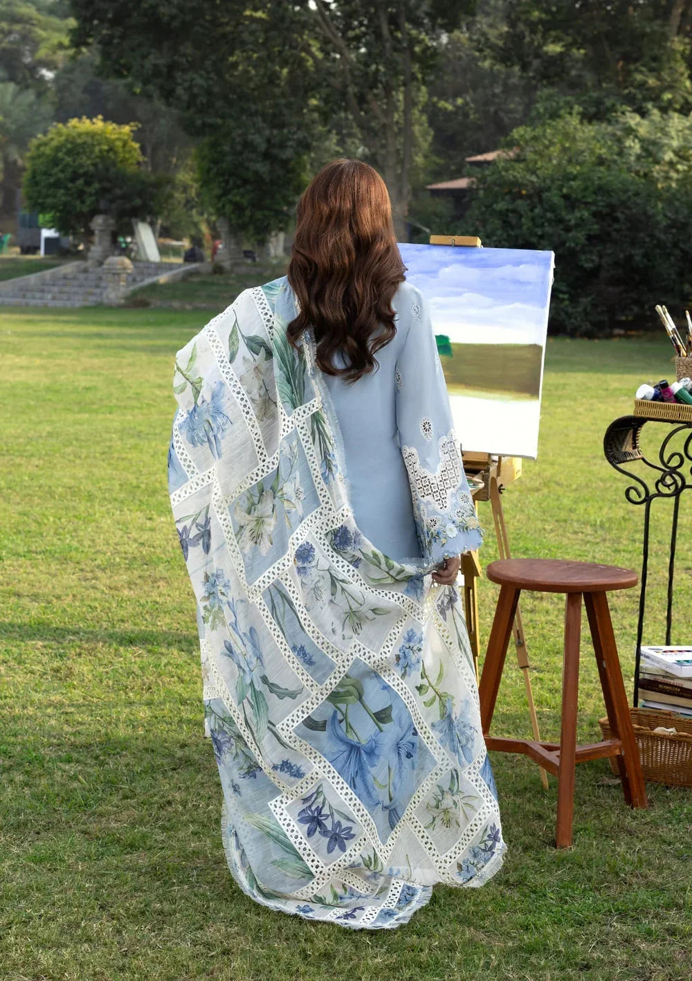 ELAF-3PC LAWN EMBROIDERED SHIRT WITH CHIFFON PRINTED DUPATTA AND TROUSER