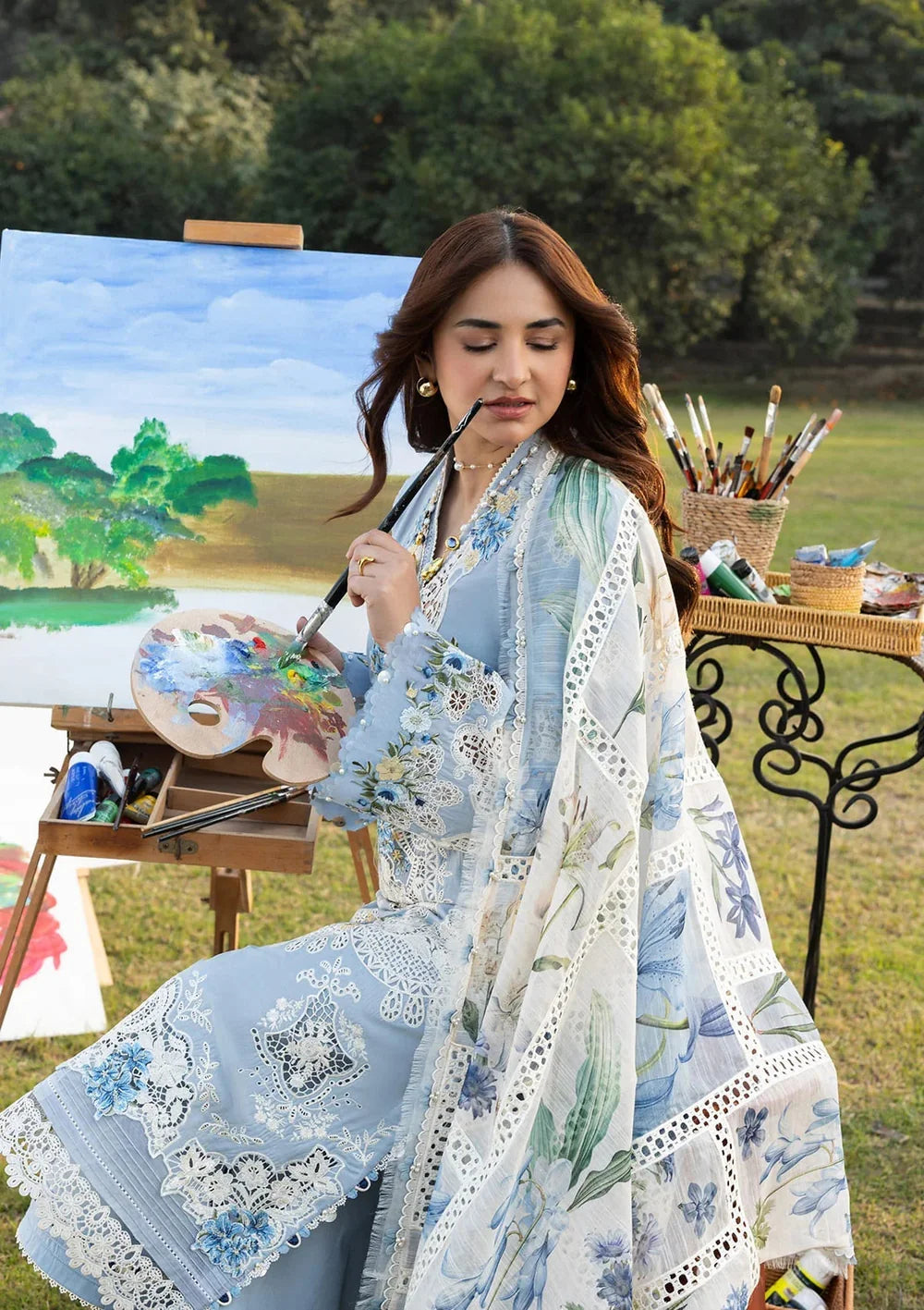 ELAF-3PC LAWN EMBROIDERED SHIRT WITH CHIFFON PRINTED DUPATTA AND TROUSER