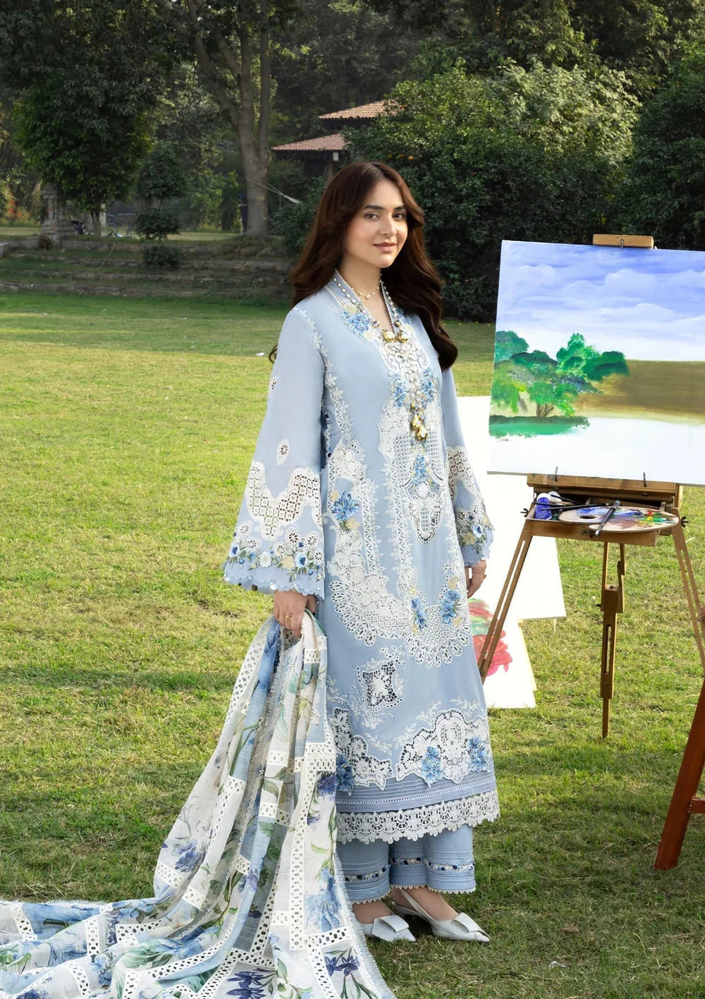 ELAF-3PC LAWN EMBROIDERED SHIRT WITH CHIFFON PRINTED DUPATTA AND TROUSER
