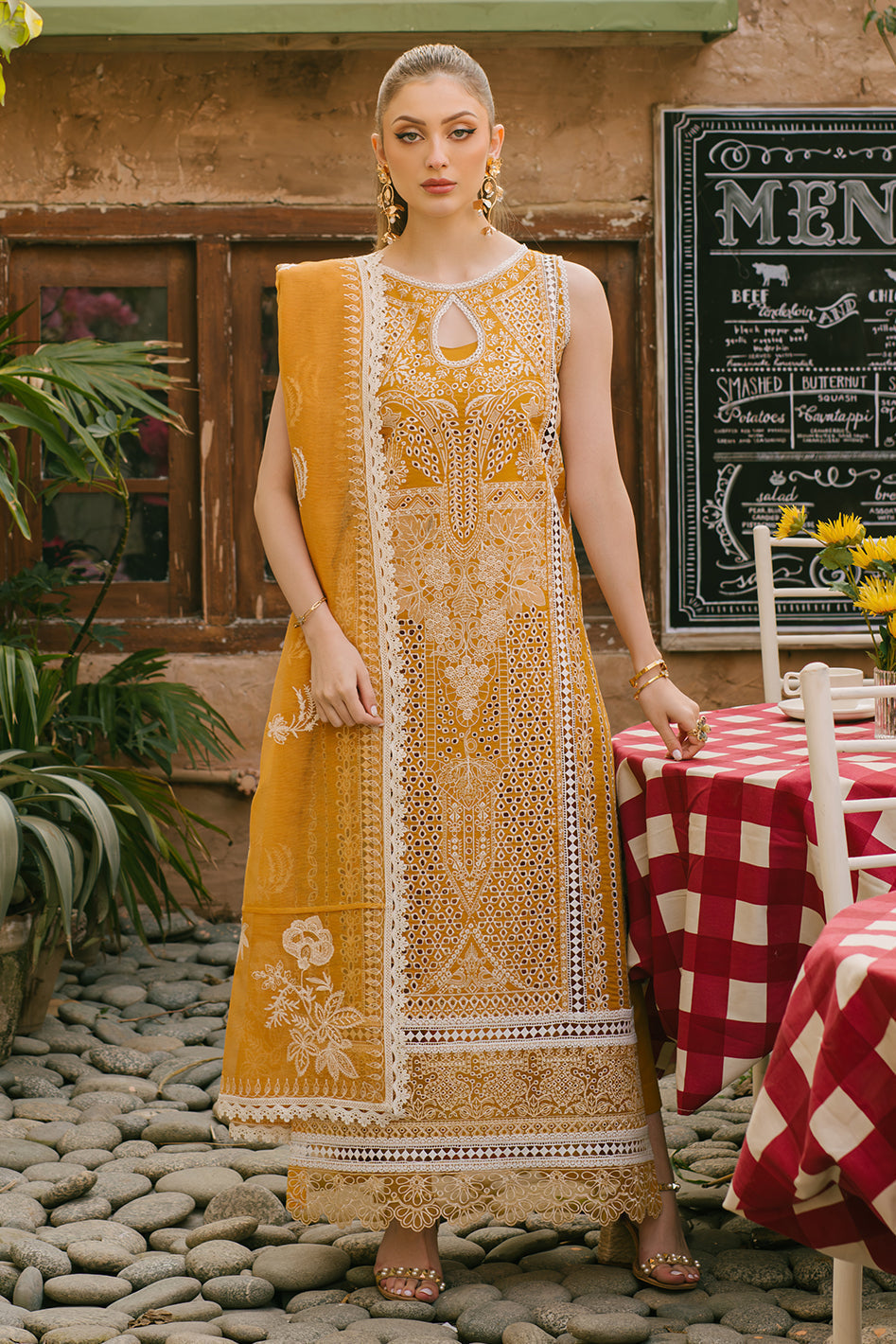 MAHNUR-3PC LAWN CHIKAANKARI EMBROIDERED SHIRT WITH KHADDI NET EMB DUPATTA AND TROUSER