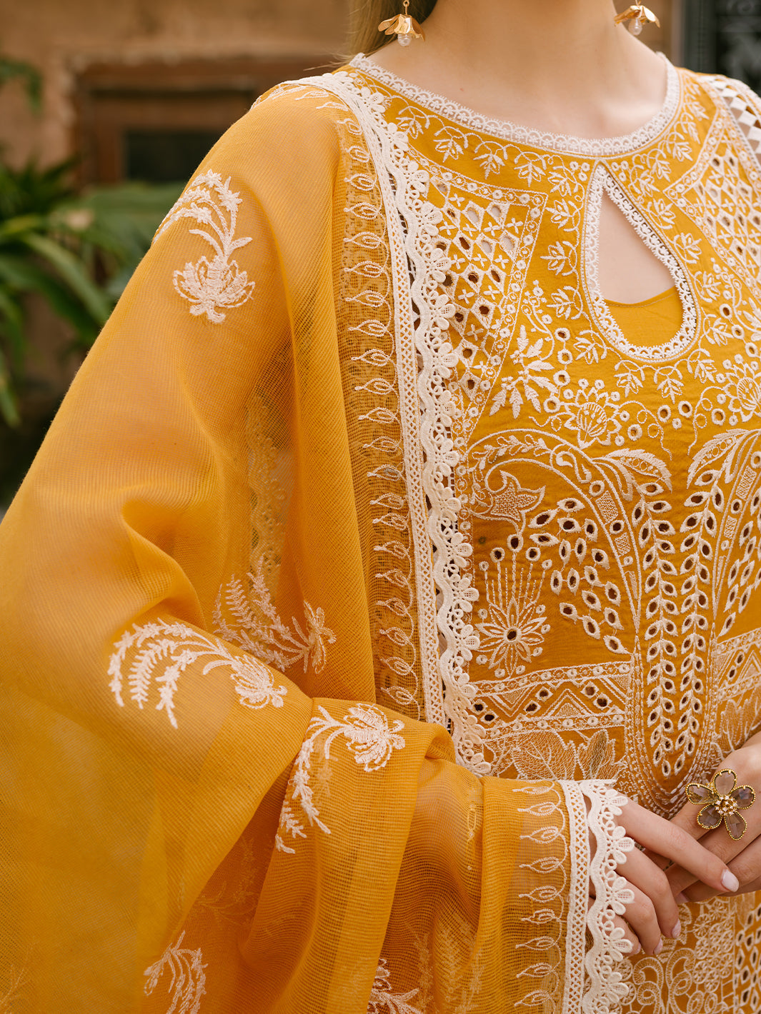 MAHNUR-3PC LAWN CHIKAANKARI EMBROIDERED SHIRT WITH KHADDI NET EMB DUPATTA AND TROUSER