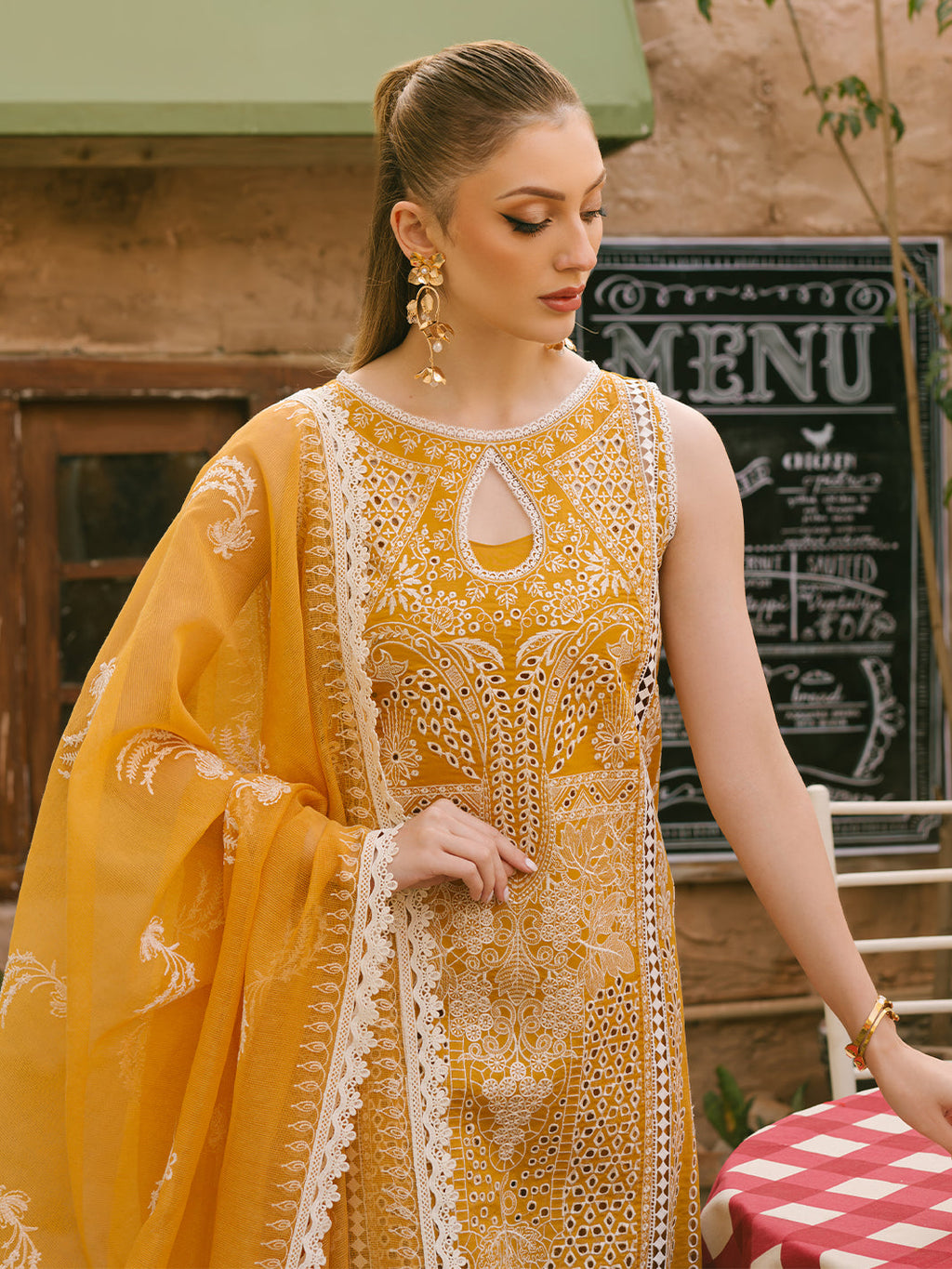 MAHNUR-3PC LAWN CHIKAANKARI EMBROIDERED SHIRT WITH KHADDI NET EMB DUPATTA AND TROUSER