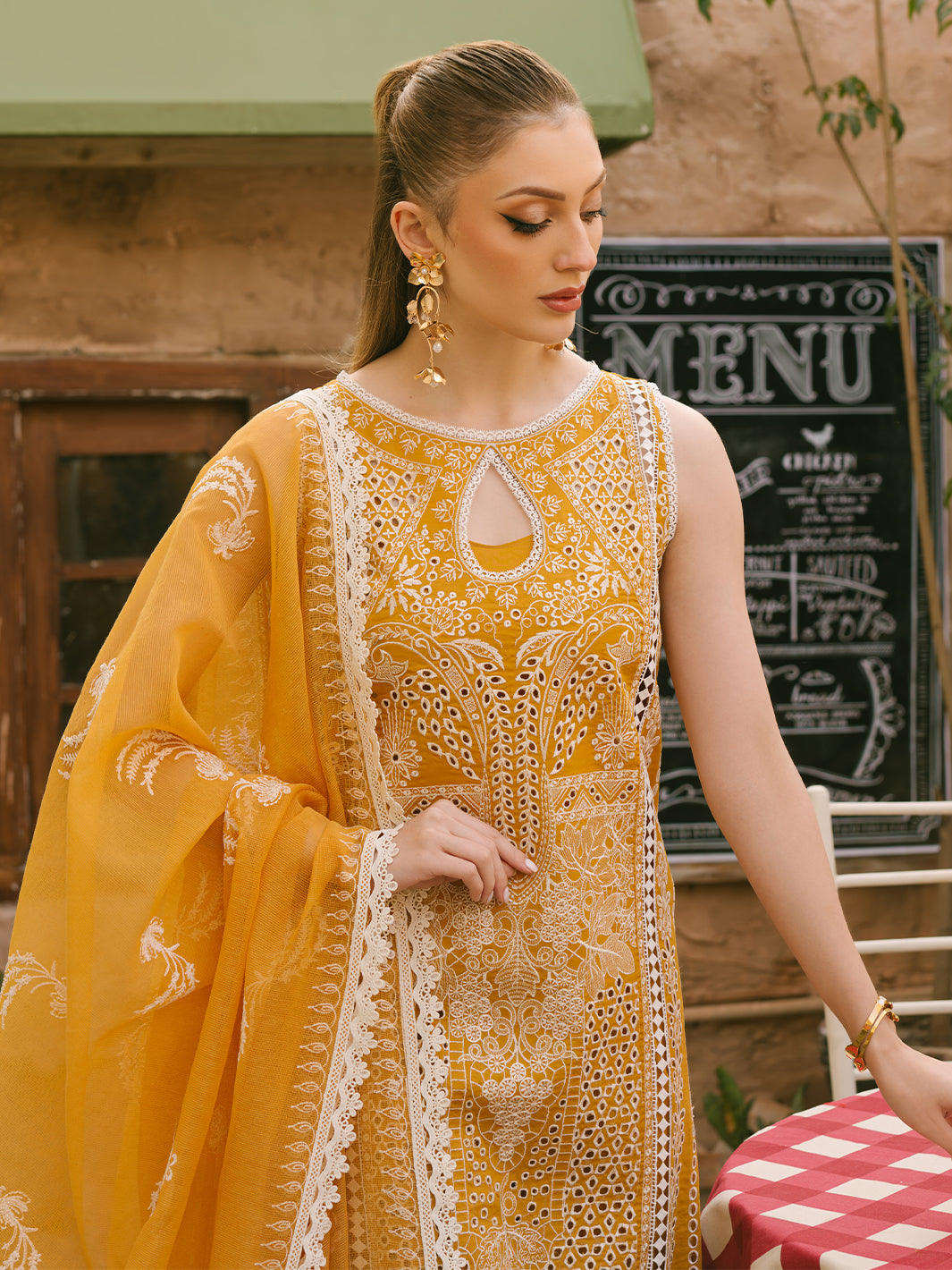 MAHNUR-3PC LAWN CHIKAANKARI EMBROIDERED SHIRT WITH KHADDI NET EMB DUPATTA AND TROUSER