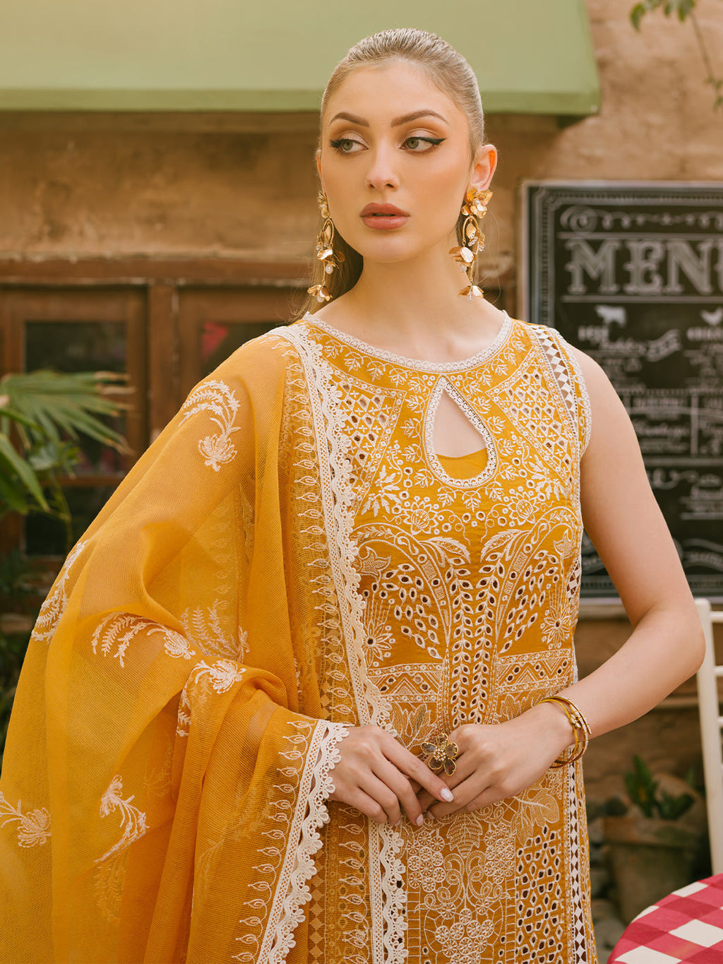 MAHNUR-3PC LAWN CHIKAANKARI EMBROIDERED SHIRT WITH KHADDI NET EMB DUPATTA AND TROUSER