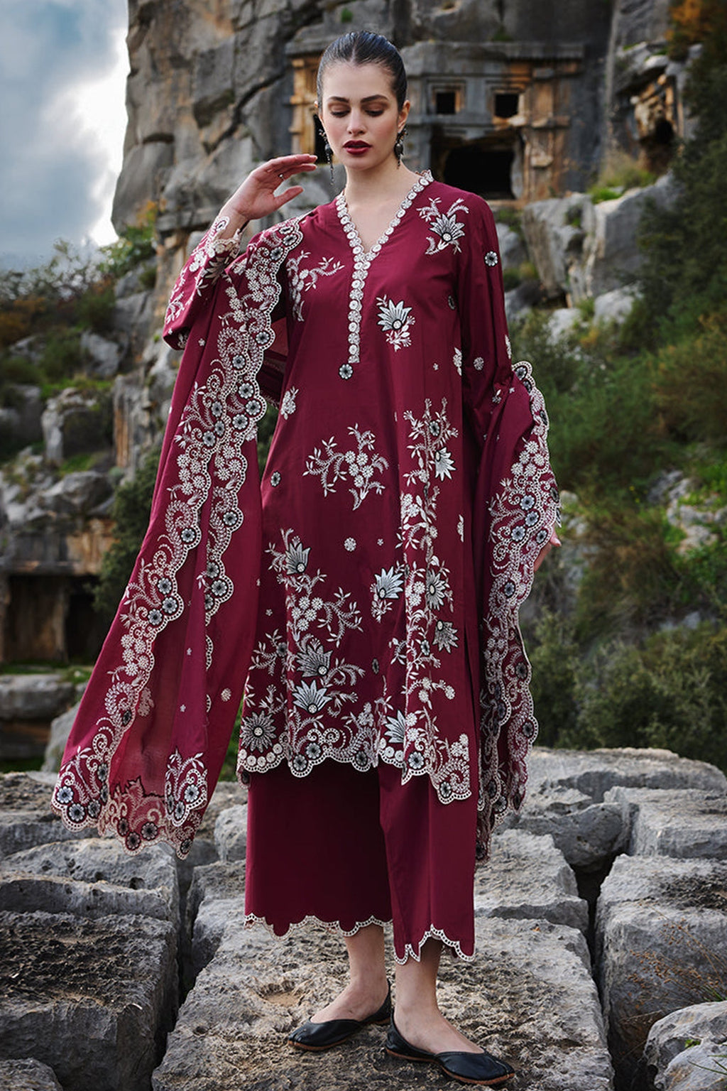 IMAGE-3PC LAWN EMBROIDERED SHIRT WITH KHADDI NET EMBROIDERED DUPATTA AND EMB TROUSER