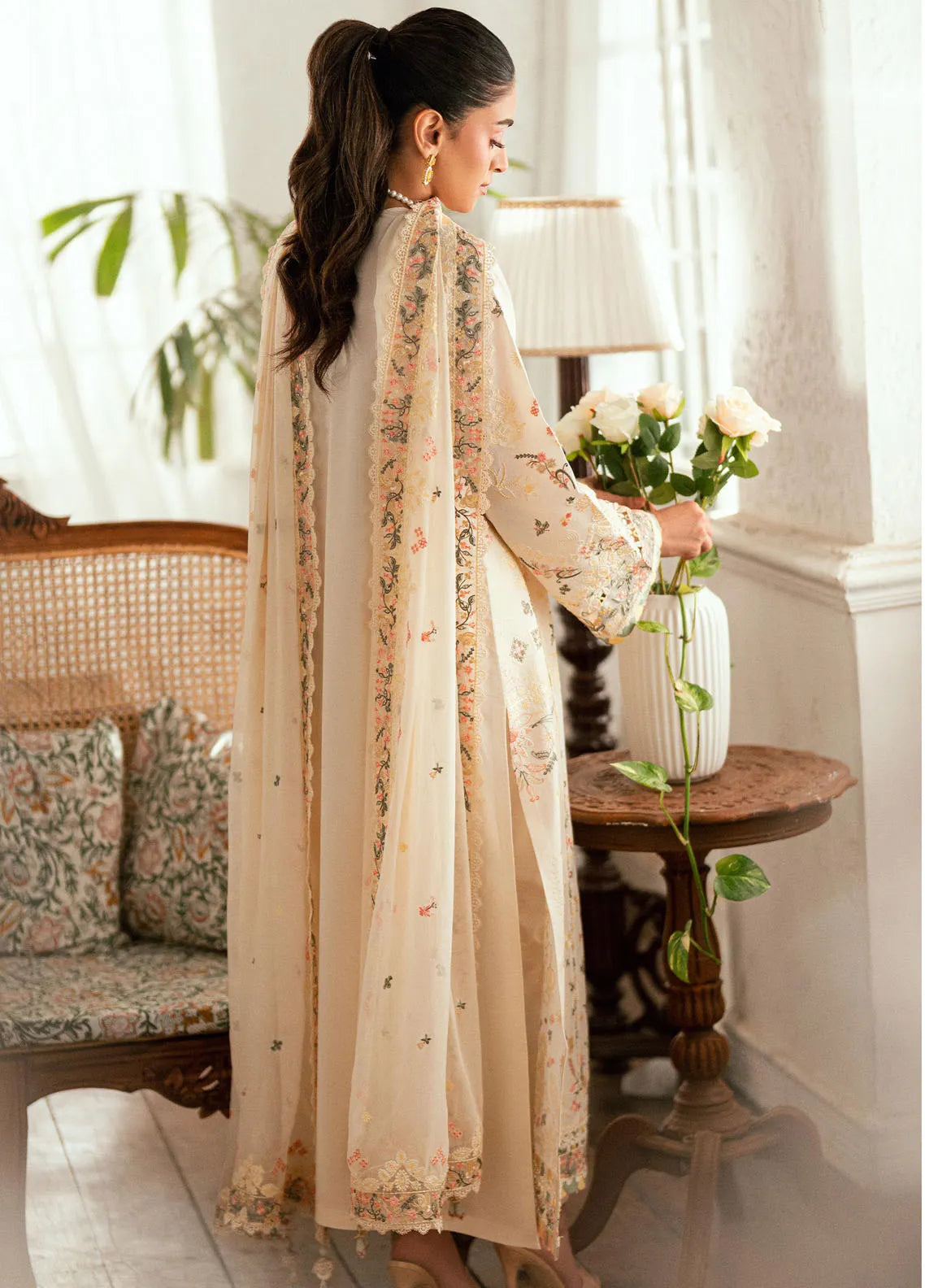 QALAMQAR - 3PC LAWN EMBROIDERED SHIRT WITH KHAADI NET EMBROIDERED DUPATTA AND TROUSER