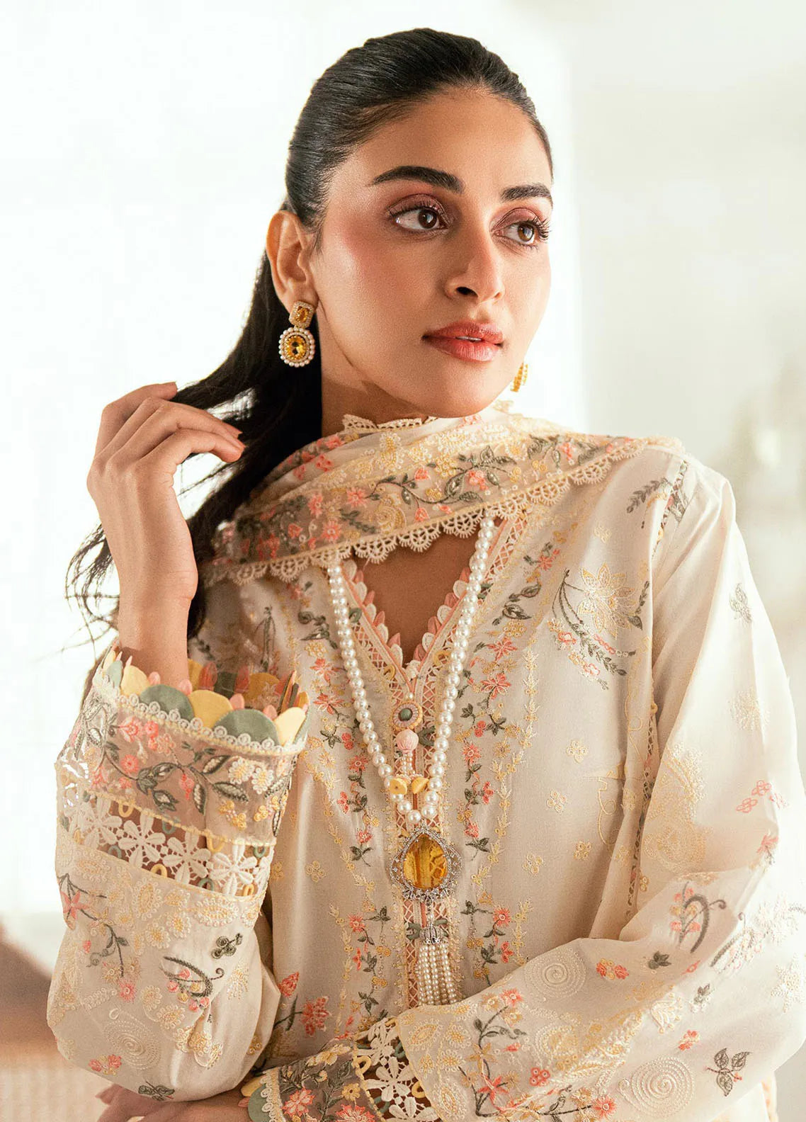 QALAMQAR - 3PC LAWN EMBROIDERED SHIRT WITH KHAADI NET EMBROIDERED DUPATTA AND TROUSER