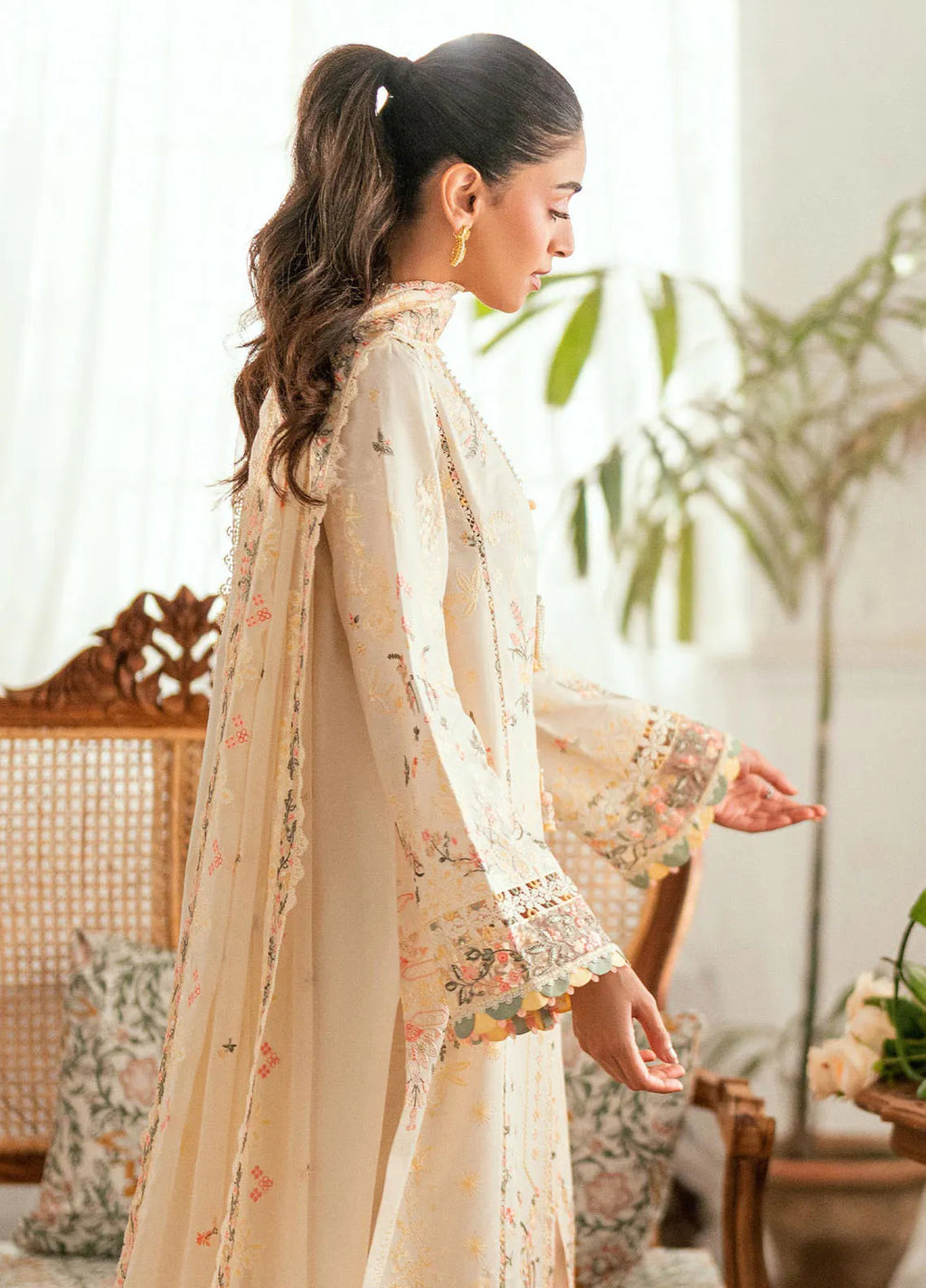 QALAMQAR - 3PC LAWN EMBROIDERED SHIRT WITH KHAADI NET EMBROIDERED DUPATTA AND TROUSER