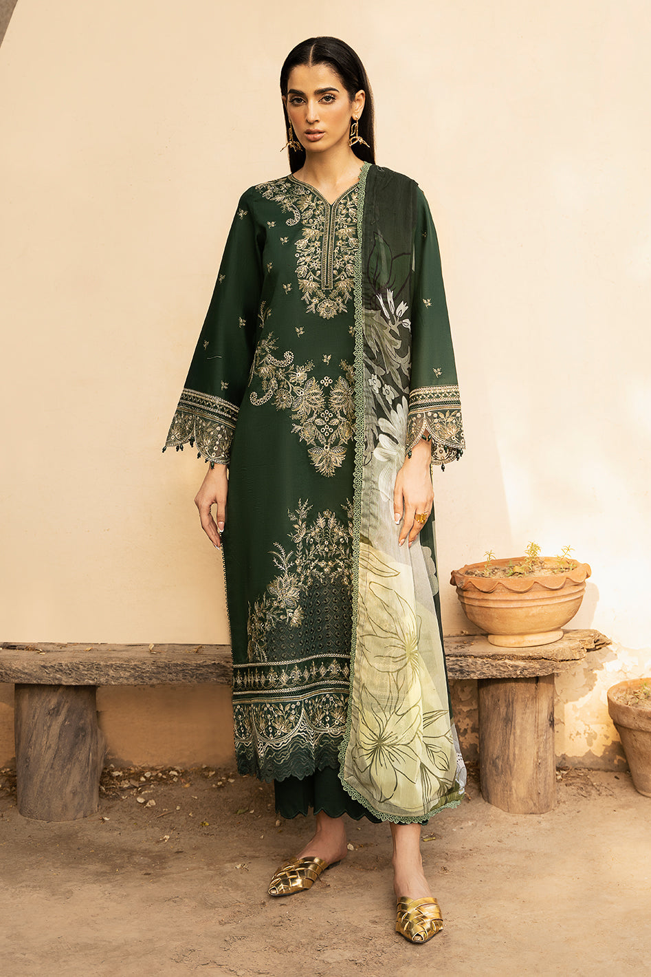 IZEL-3PC LAWN EMBROIDERED SHIRT WITH CHIFFOON PRINT DUPATTA AND EMB TROUSER