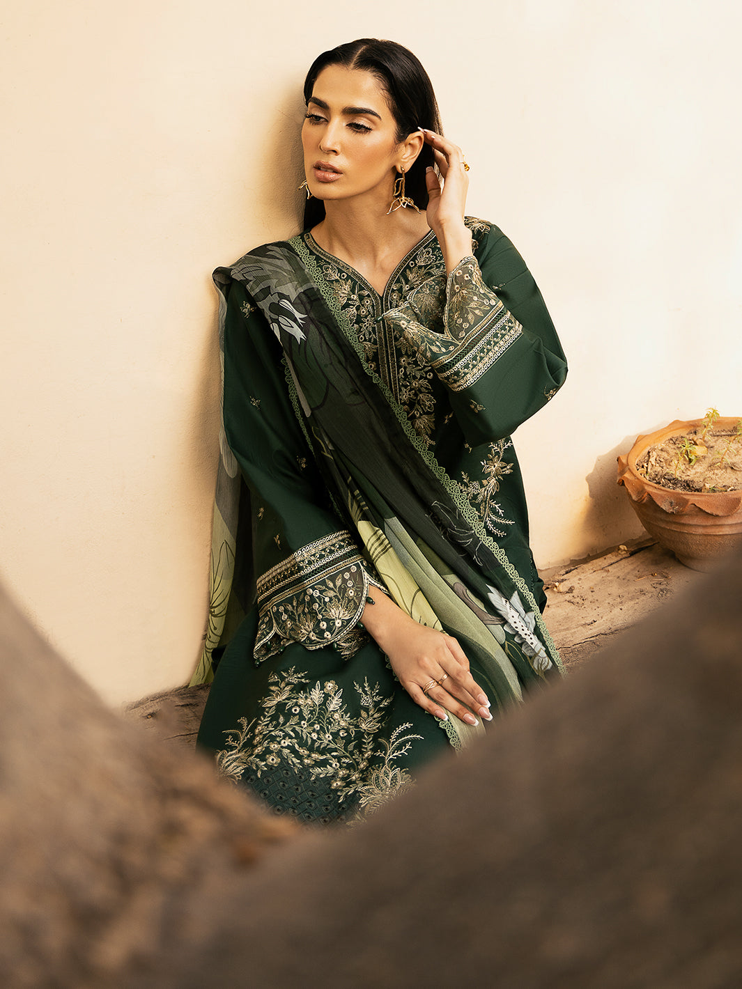 IZEL-3PC LAWN EMBROIDERED SHIRT WITH CHIFFOON PRINT DUPATTA AND EMB TROUSER