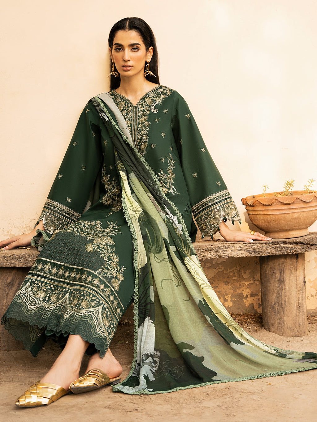 IZEL-3PC LAWN EMBROIDERED SHIRT WITH CHIFFOON PRINT DUPATTA AND EMB TROUSER